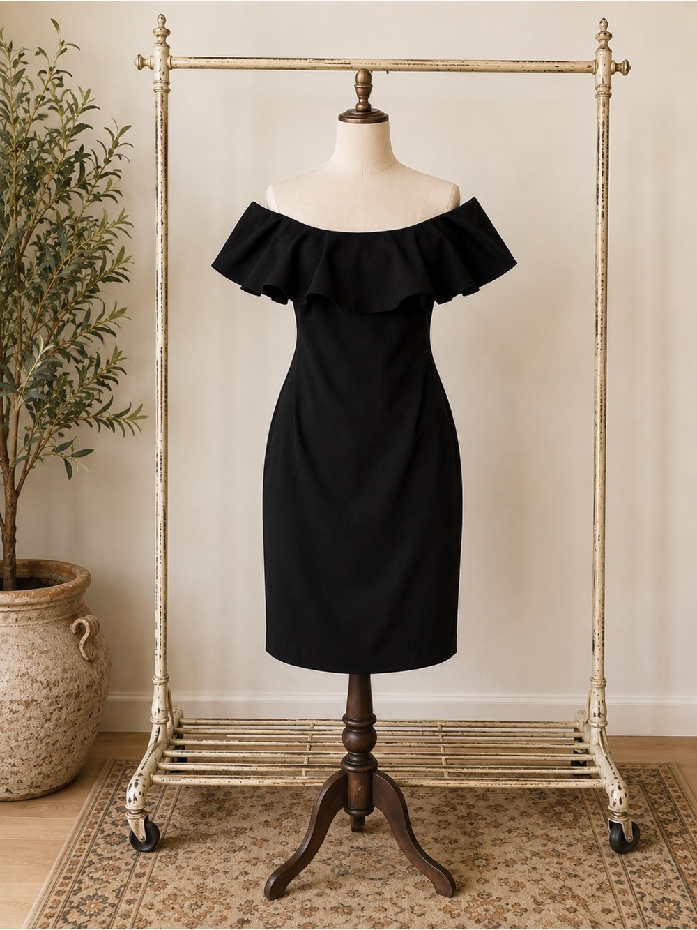 Ralph Lauren Black Off-Shoulder Ruffle Sheath Dress